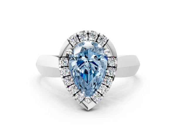 White gold Fancy Blue Pear  Cut Halo Solitaire Engagement Ring with Square Band and Four-Prong Setting