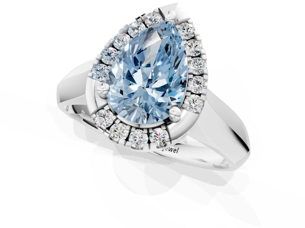 White gold Fancy Blue Pear  Cut Halo Solitaire Engagement Ring with Square Band and Four-Prong Setting