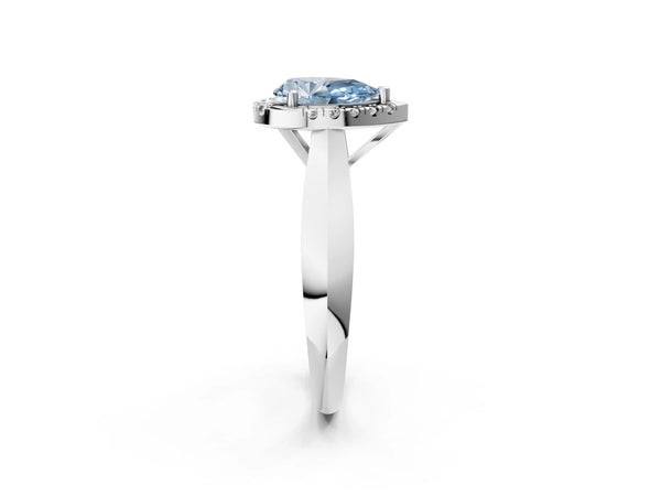 White gold Fancy Blue Pear  Cut Halo Solitaire Engagement Ring with Square Band and Four-Prong Setting