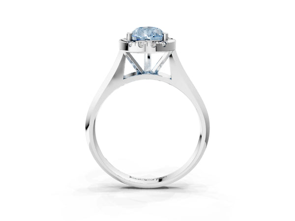 White gold Fancy Blue Pear  Cut Halo Solitaire Engagement Ring with Square Band and Four-Prong Setting