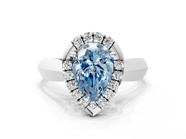 White gold Fancy Blue Pear  Cut Halo Solitaire Engagement Ring with Square Band and Four-Prong Setting