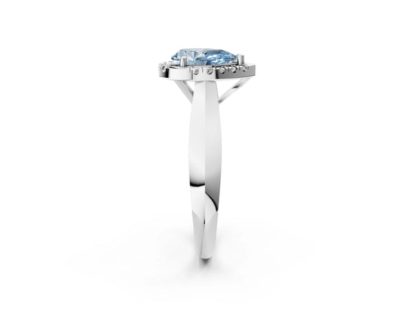 White gold Fancy Blue Pear  Cut Halo Solitaire Engagement Ring with Square Band and Four-Prong Setting