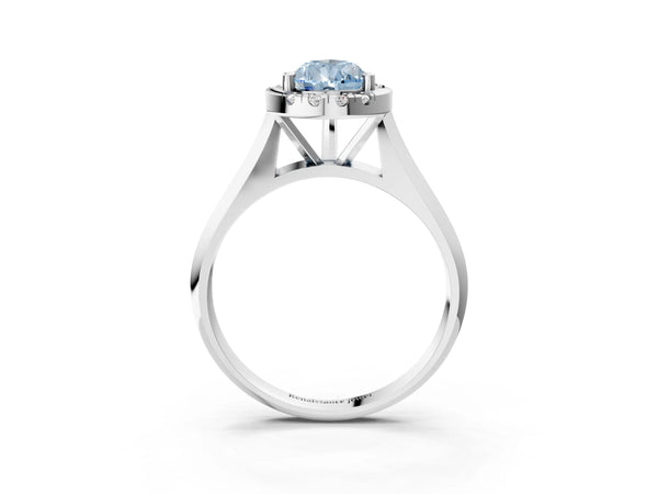 White gold Fancy Blue Pear  Cut Halo Solitaire Engagement Ring with Square Band and Four-Prong Setting
