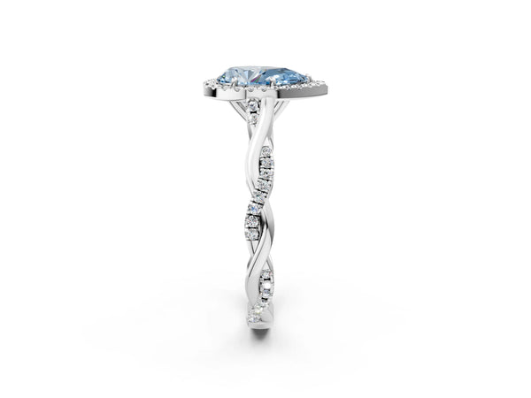 Platinum Fancy Blue Pear Cut Halo Twist Band with Four-Prong Setting