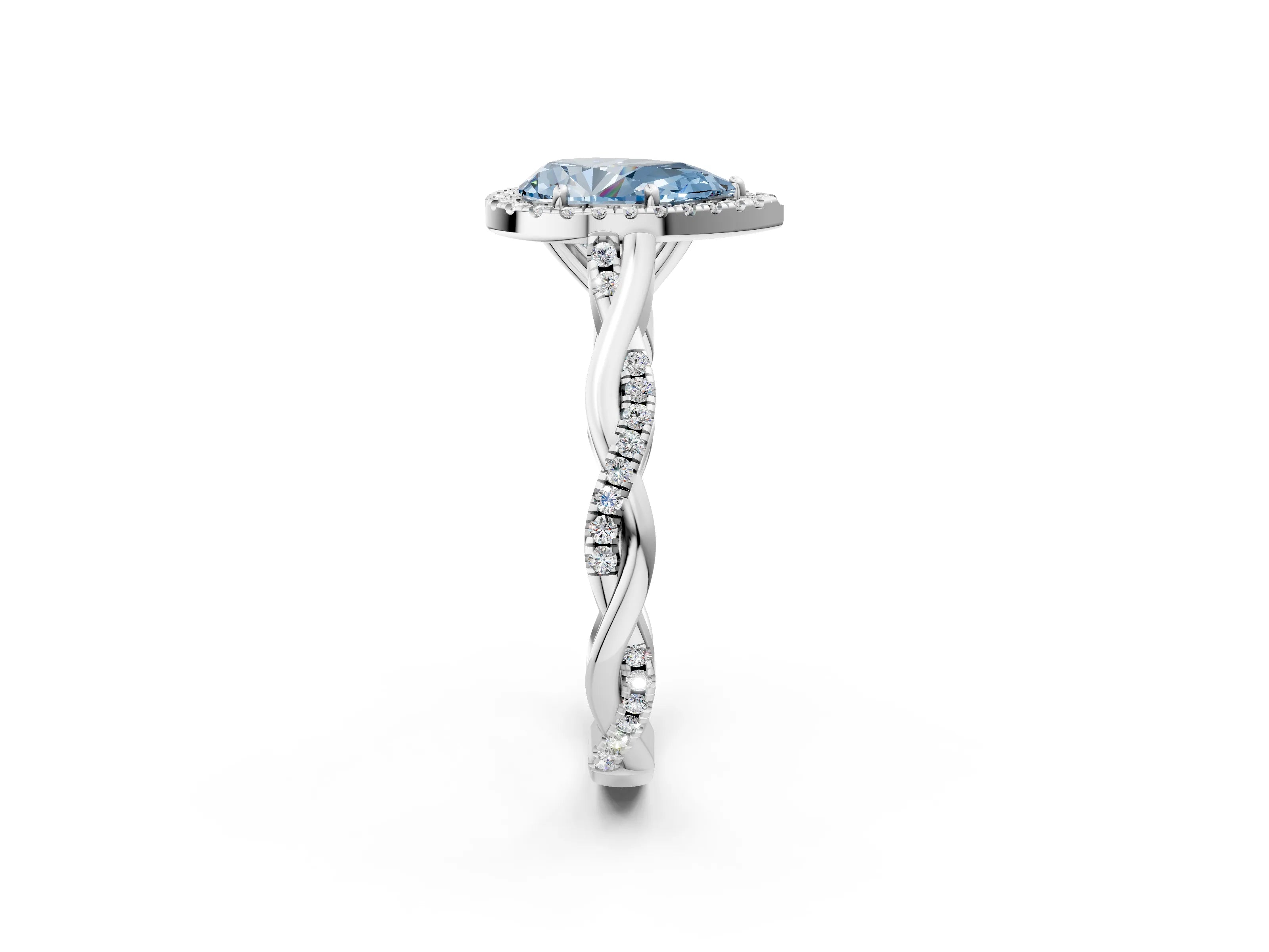 White gold Fancy Blue Pear Cut Halo Twist Band with Four-Prong Setting_2