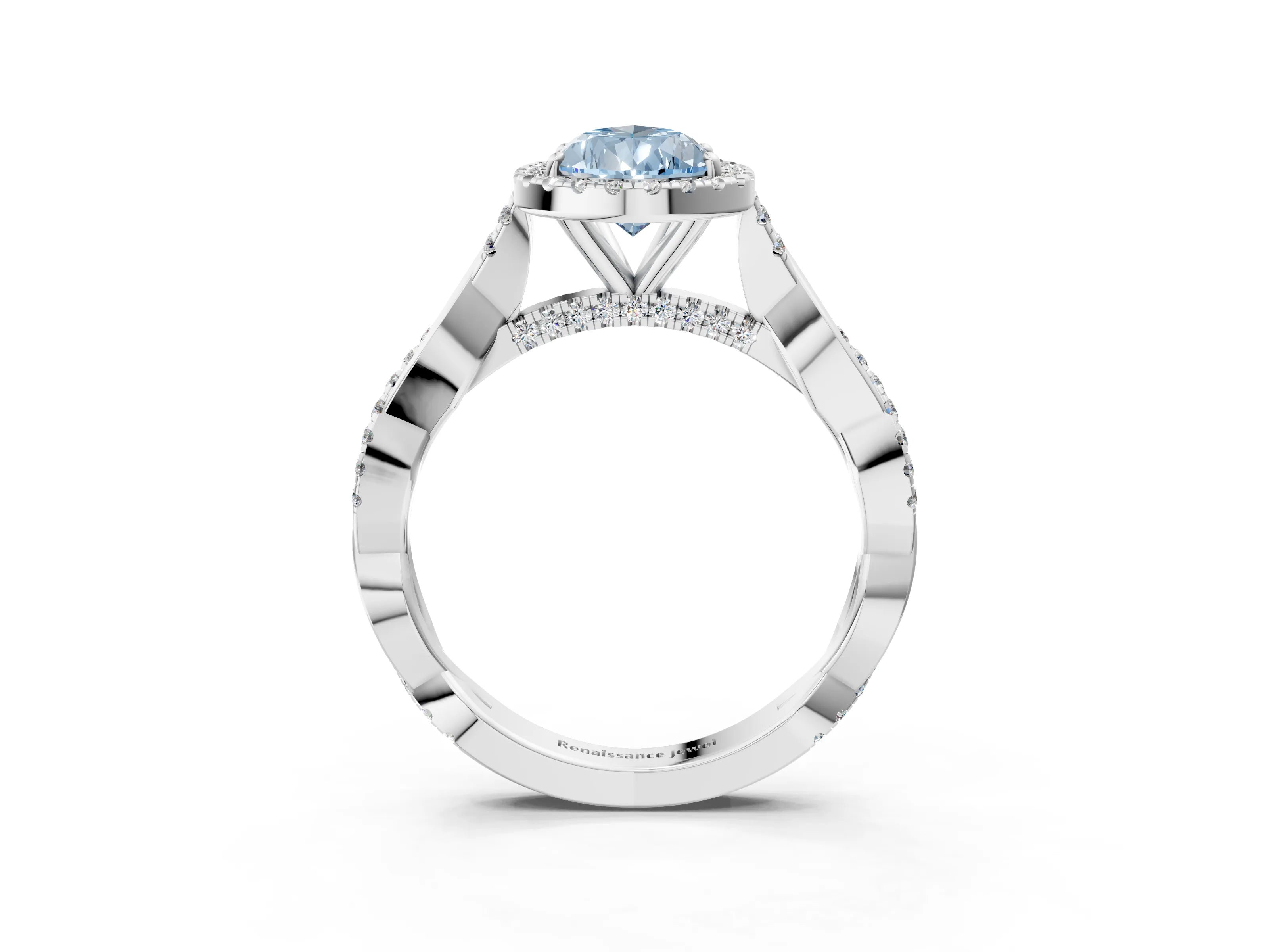 White gold Fancy Blue Pear Cut Halo Twist Band with Four-Prong Setting_3