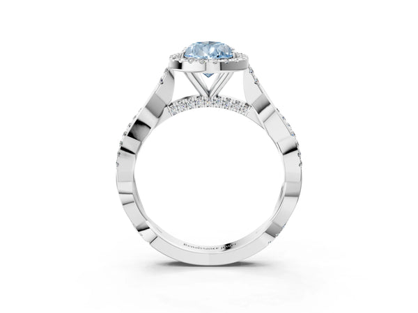 Platinum Fancy Blue Pear Cut Halo Twist Band with Four-Prong Setting