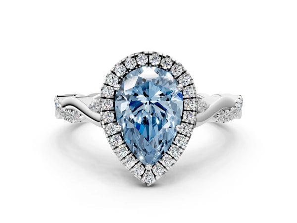 Platinum Fancy Blue Pear Cut Halo Twist Band with Four-Prong Setting