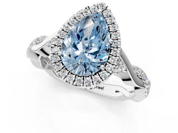Platinum Fancy Blue Pear Cut Halo Twist Band with Four-Prong Setting