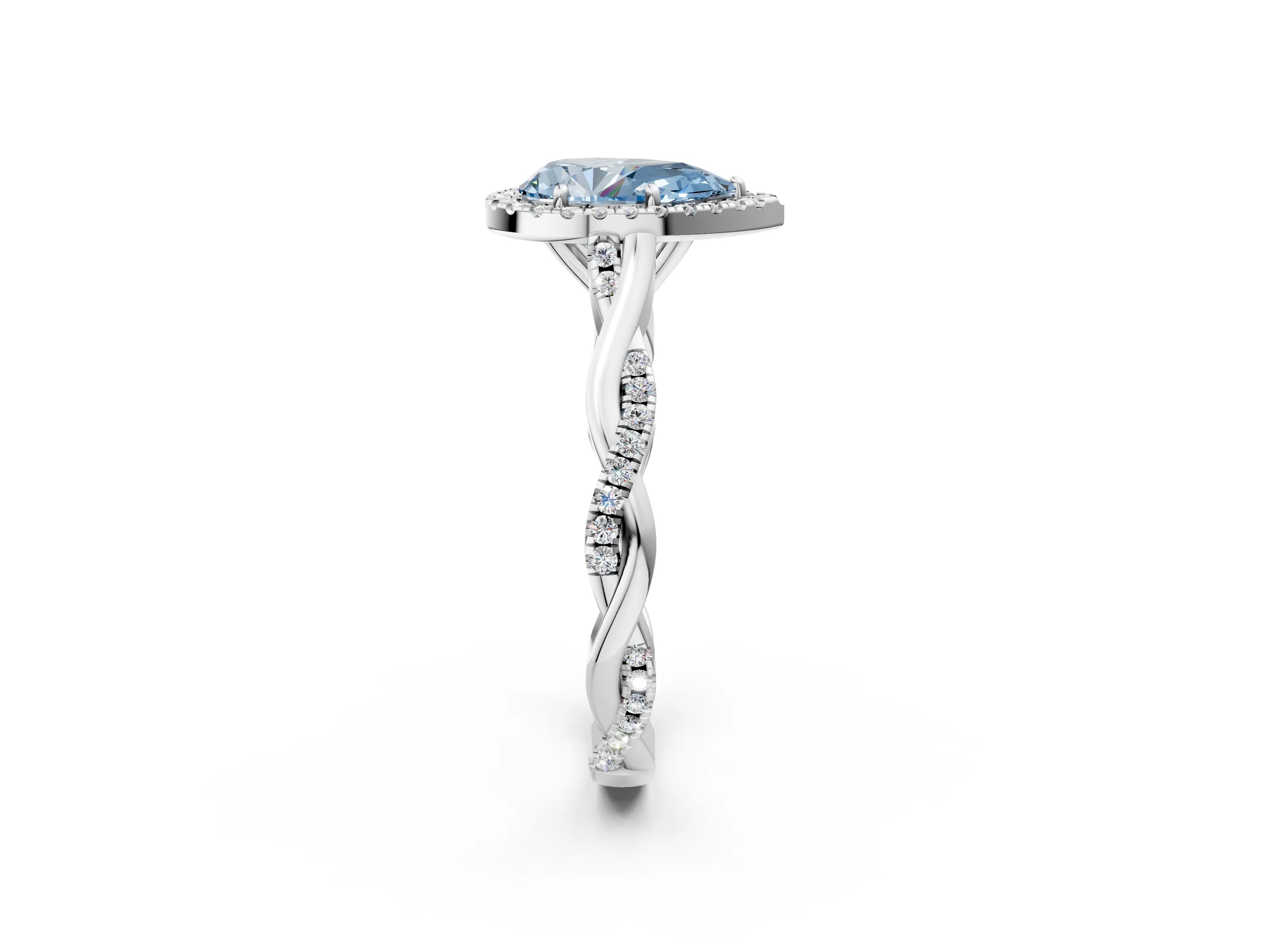 White gold Fancy Blue Pear Cut Halo Twist Band with Four-Prong Setting_86