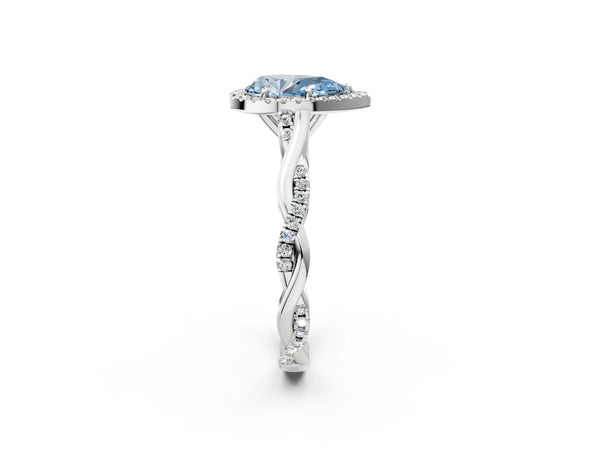 Platinum Fancy Blue Pear Cut Halo Twist Band with Four-Prong Setting