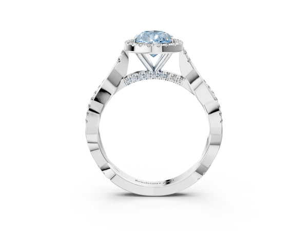 Platinum Fancy Blue Pear Cut Halo Twist Band with Four-Prong Setting