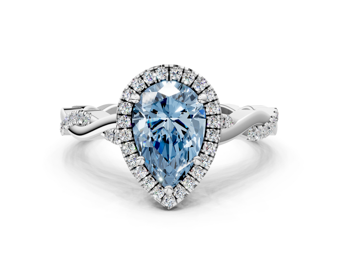 White gold Fancy Blue Pear  Cut Halo Twisted Band Four-Prong Ring_43