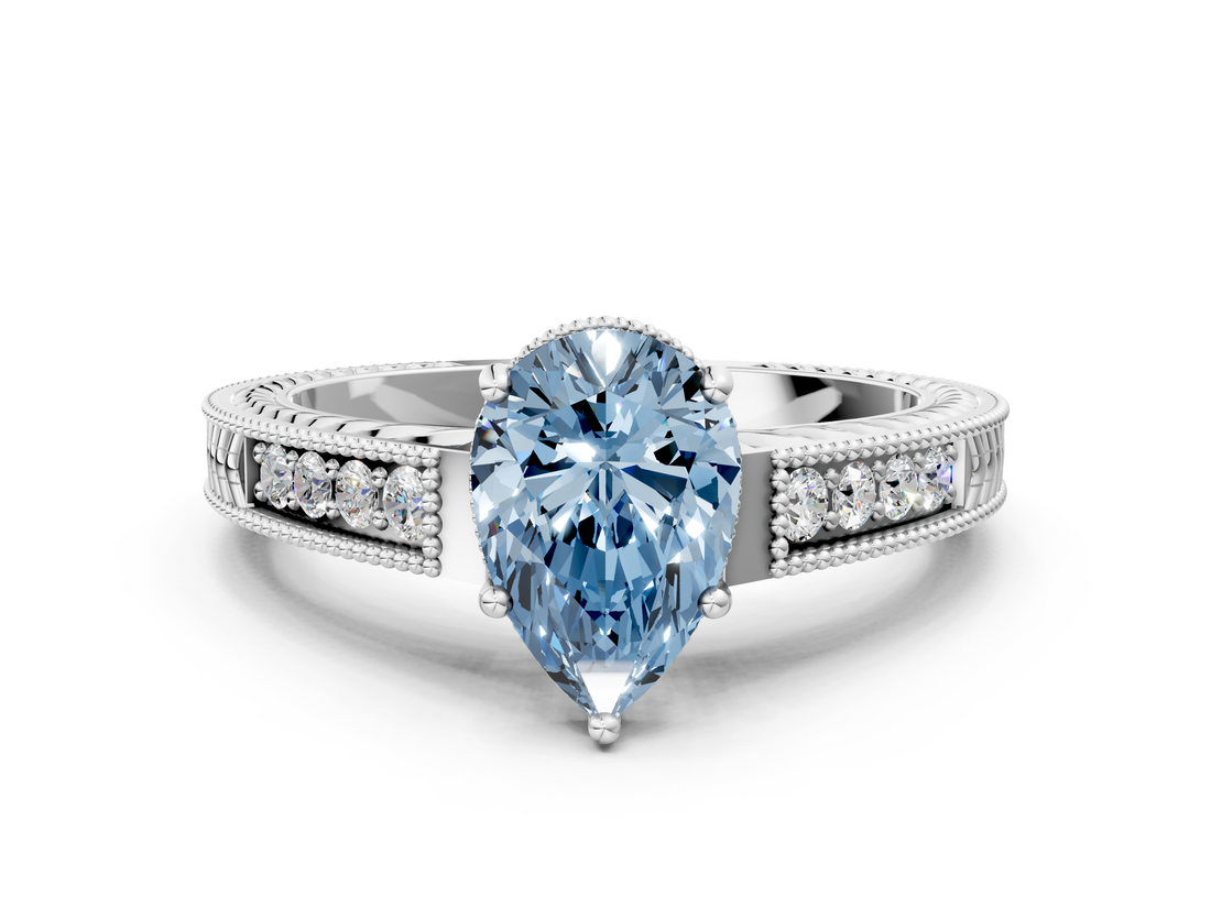 White gold Fancy Blue Pear  Cut Milgrain Channel Set Engagement Ring with Solitaire Prong Setting_61