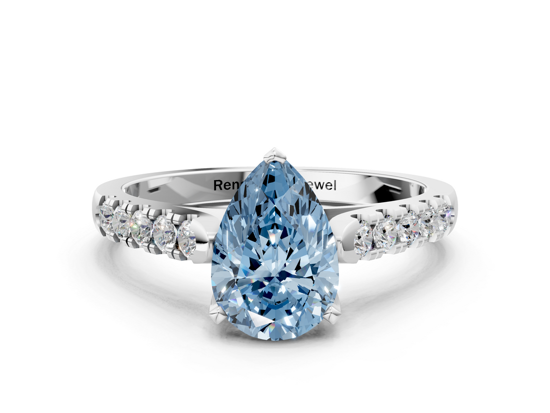 White gold Fancy Blue Pear  Cut Pavé Band Solitaire Ring with Four-Prong Setting_42