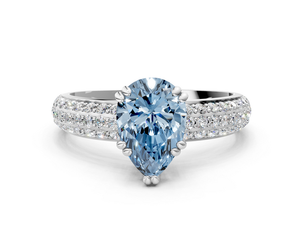 Platinum Fancy Blue Pear  Cut Pave Diamond Engagement Ring with Channel Set Band and Four-Prong Setting