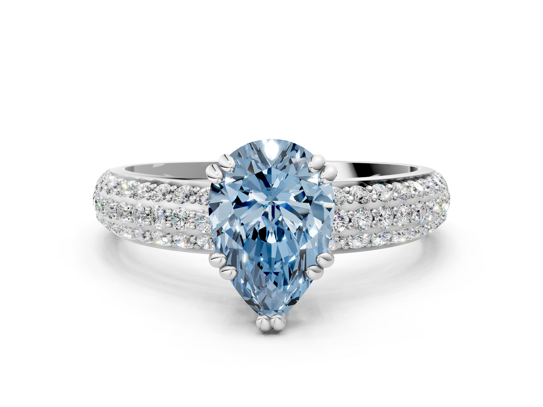 White gold Fancy Blue Pear  Cut Pave Diamond Engagement Ring with Channel Set Band and Four-Prong Setting_20