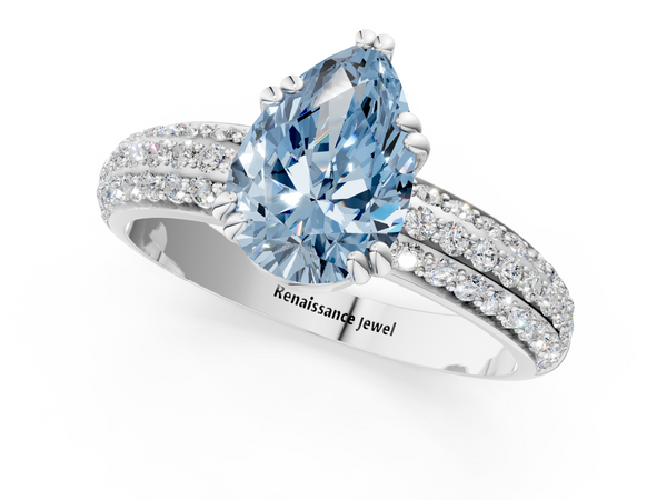 Platinum Fancy Blue Pear  Cut Pave Diamond Engagement Ring with Channel Set Band and Four-Prong Setting