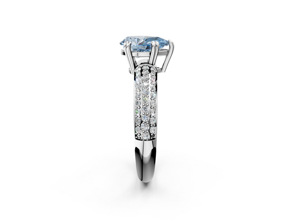 Platinum Fancy Blue Pear  Cut Pave Diamond Engagement Ring with Channel Set Band and Four-Prong Setting