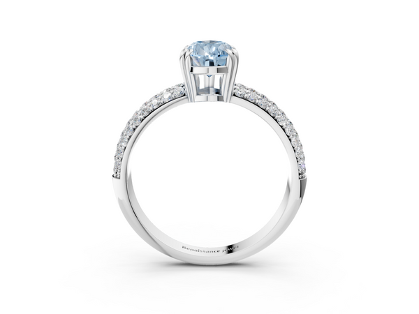 Platinum Fancy Blue Pear  Cut Pave Diamond Engagement Ring with Channel Set Band and Four-Prong Setting