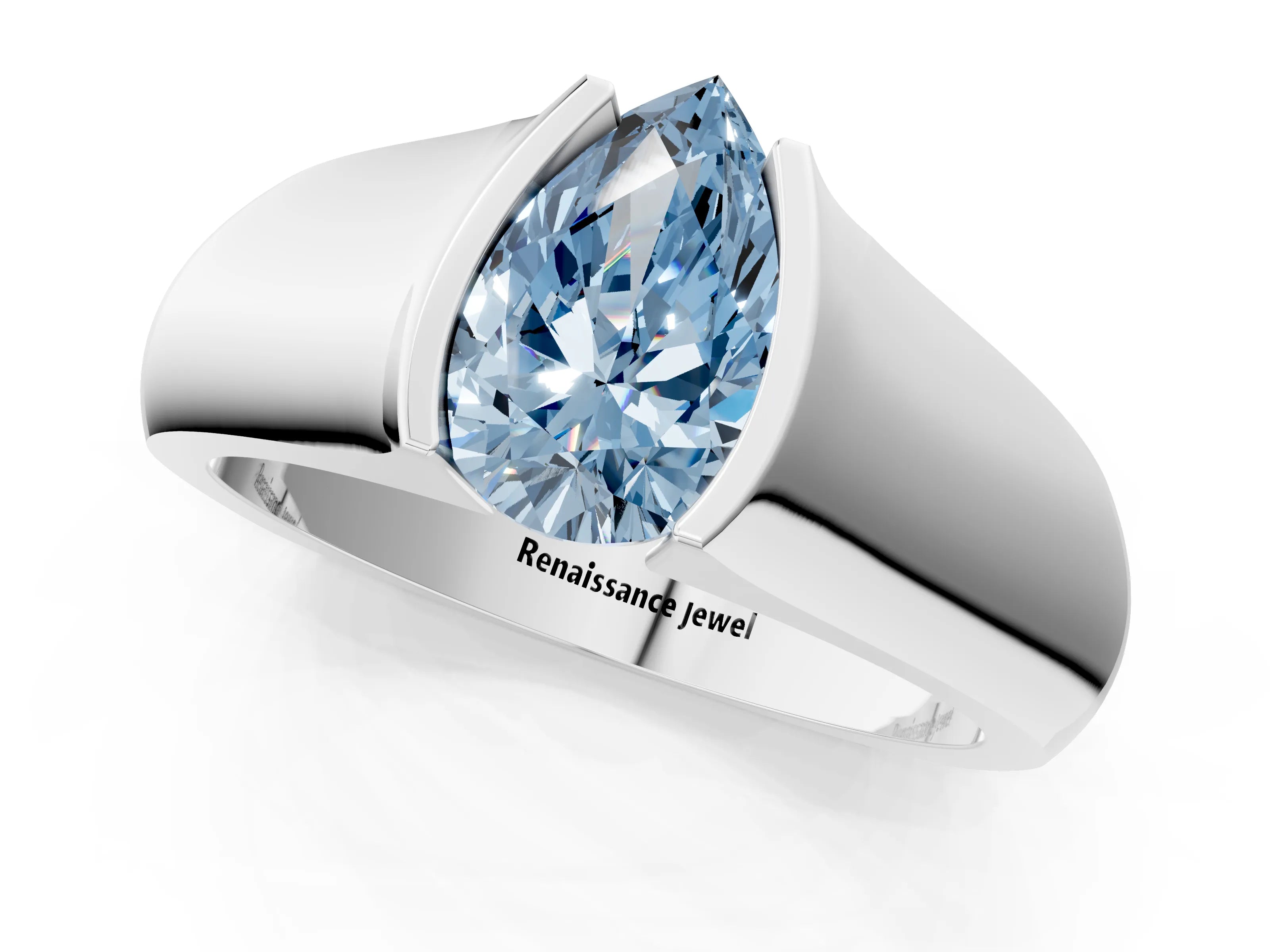White gold Fancy Blue Pear Cut Solitaire Bezel Set Diamond Ring with Wide Band_1