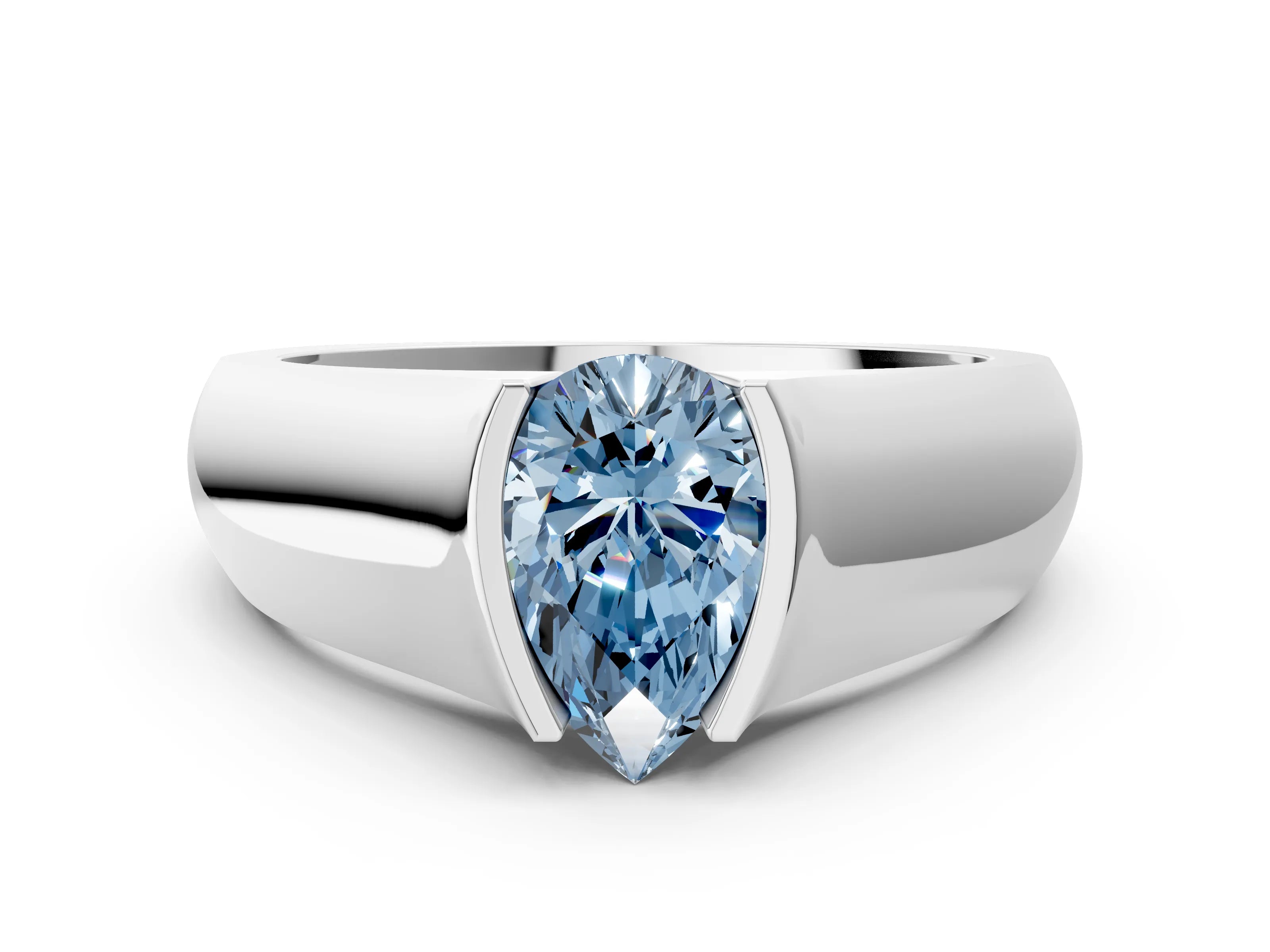 White gold Fancy Blue Pear Cut Solitaire Bezel Set Diamond Ring with Wide Band_12