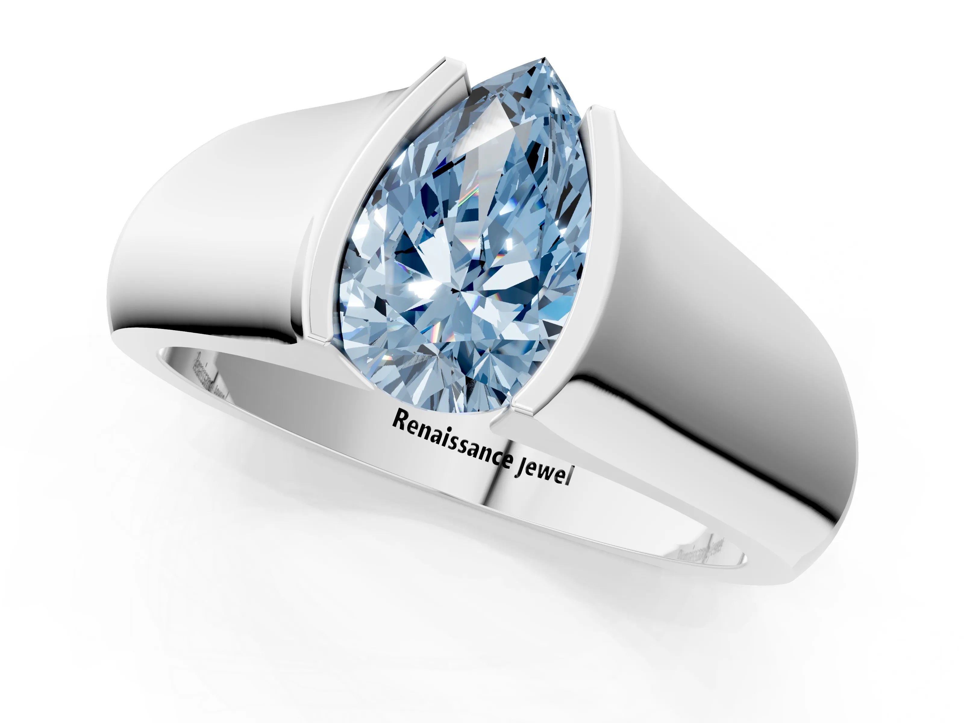 White gold Fancy Blue Pear Cut Solitaire Bezel Set Diamond Ring with Wide Band_13