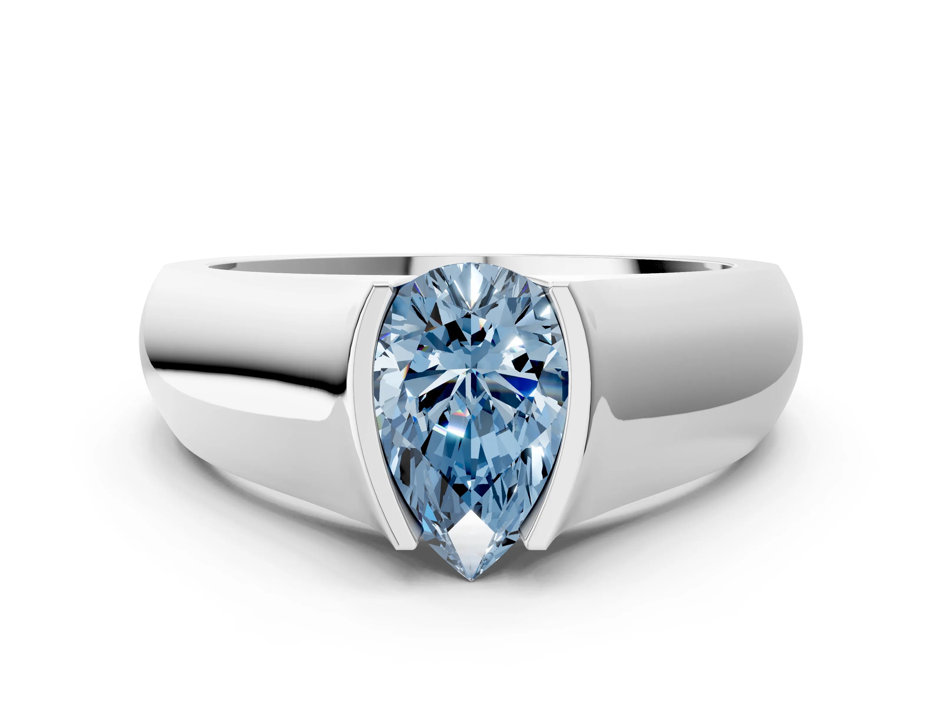White gold Fancy Blue Pear Cut Solitaire Bezel Set Diamond Ring with Wide Band
