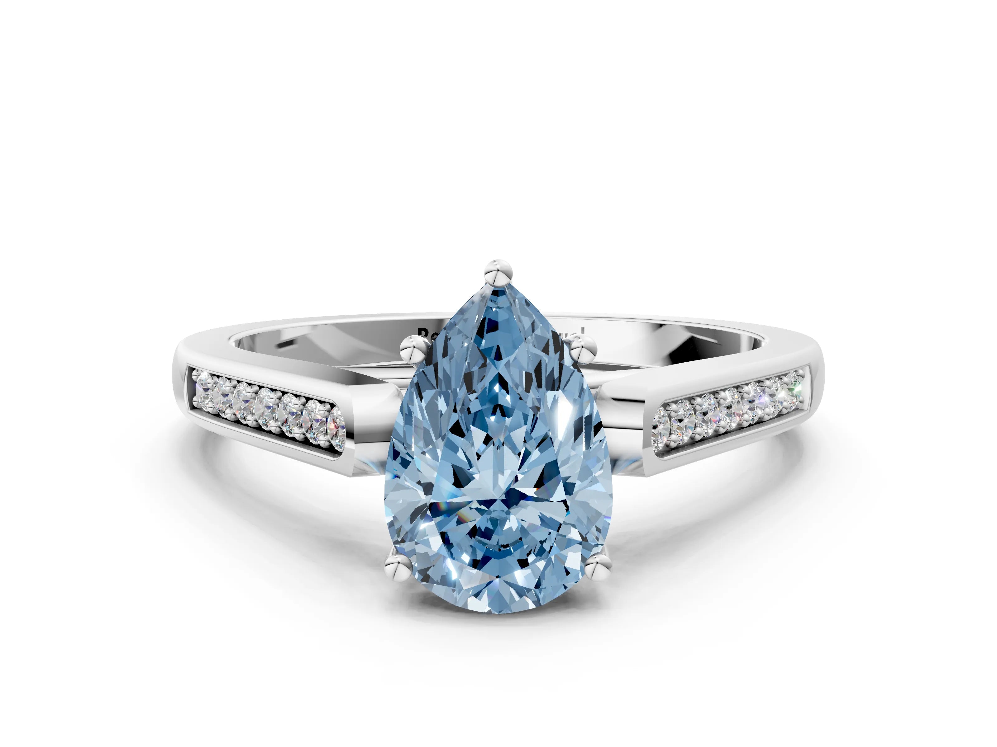 White gold Fancy Blue Pear Cut Solitaire Cathedral Diamond Engagement Ring with Channel-Set Band and Four-Prong Setting_15