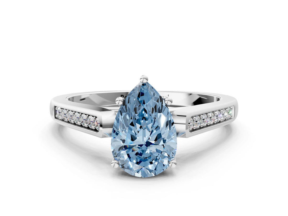 White gold Fancy Blue Pear Cut Solitaire Cathedral Diamond Engagement Ring with Channel-Set Band and Four-Prong Setting_15