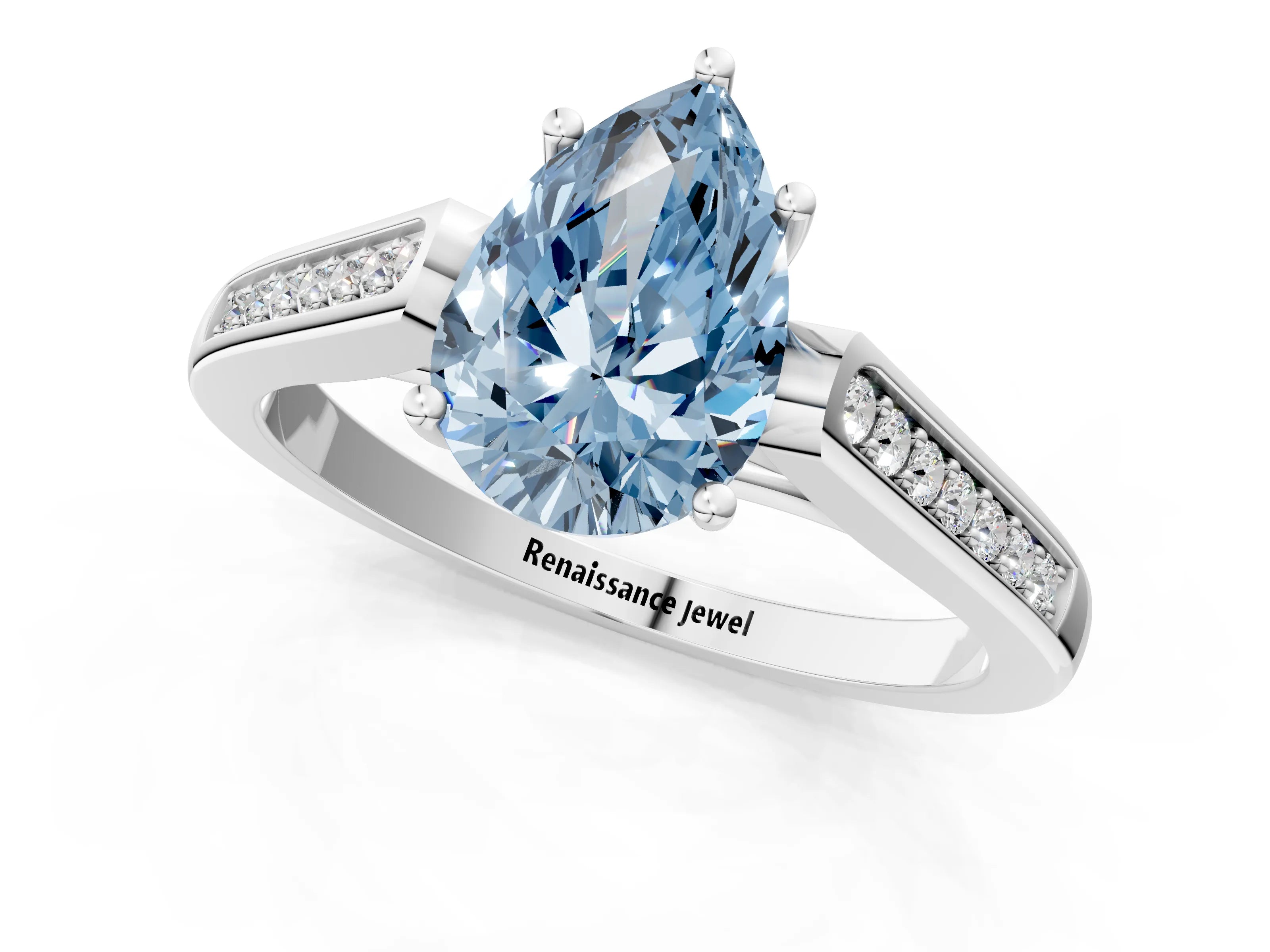 White gold Fancy Blue Pear Cut Solitaire Cathedral Diamond Engagement Ring with Channel-Set Band and Four-Prong Setting_16
