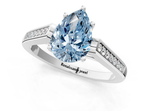 White gold Fancy Blue Pear Cut Solitaire Cathedral Diamond Engagement Ring with Channel-Set Band and Four-Prong Setting_4