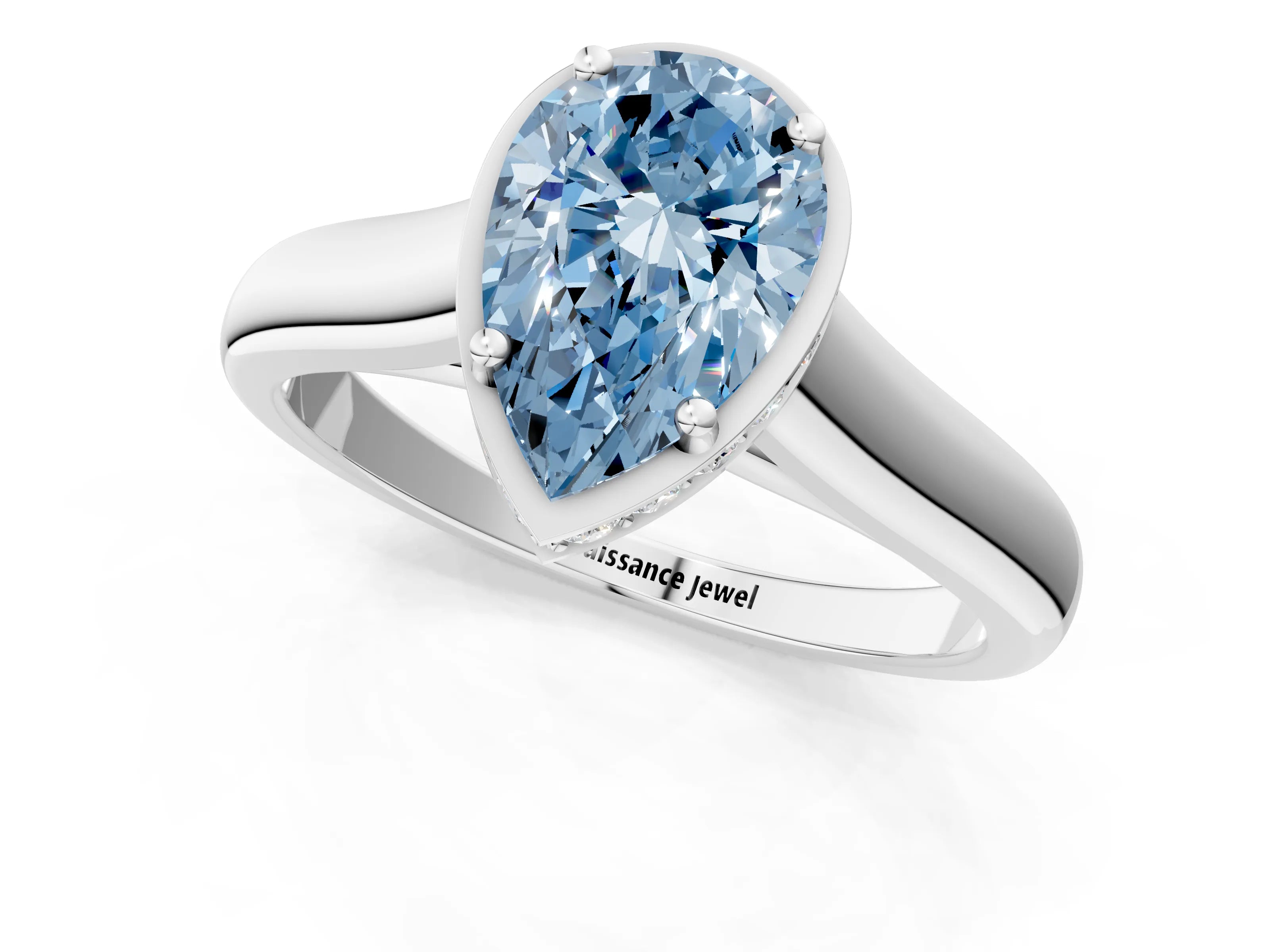 White gold Fancy Blue Pear Cut Solitaire Diamond Engagement Ring with Four-Prong Setting and Tapered Band_13