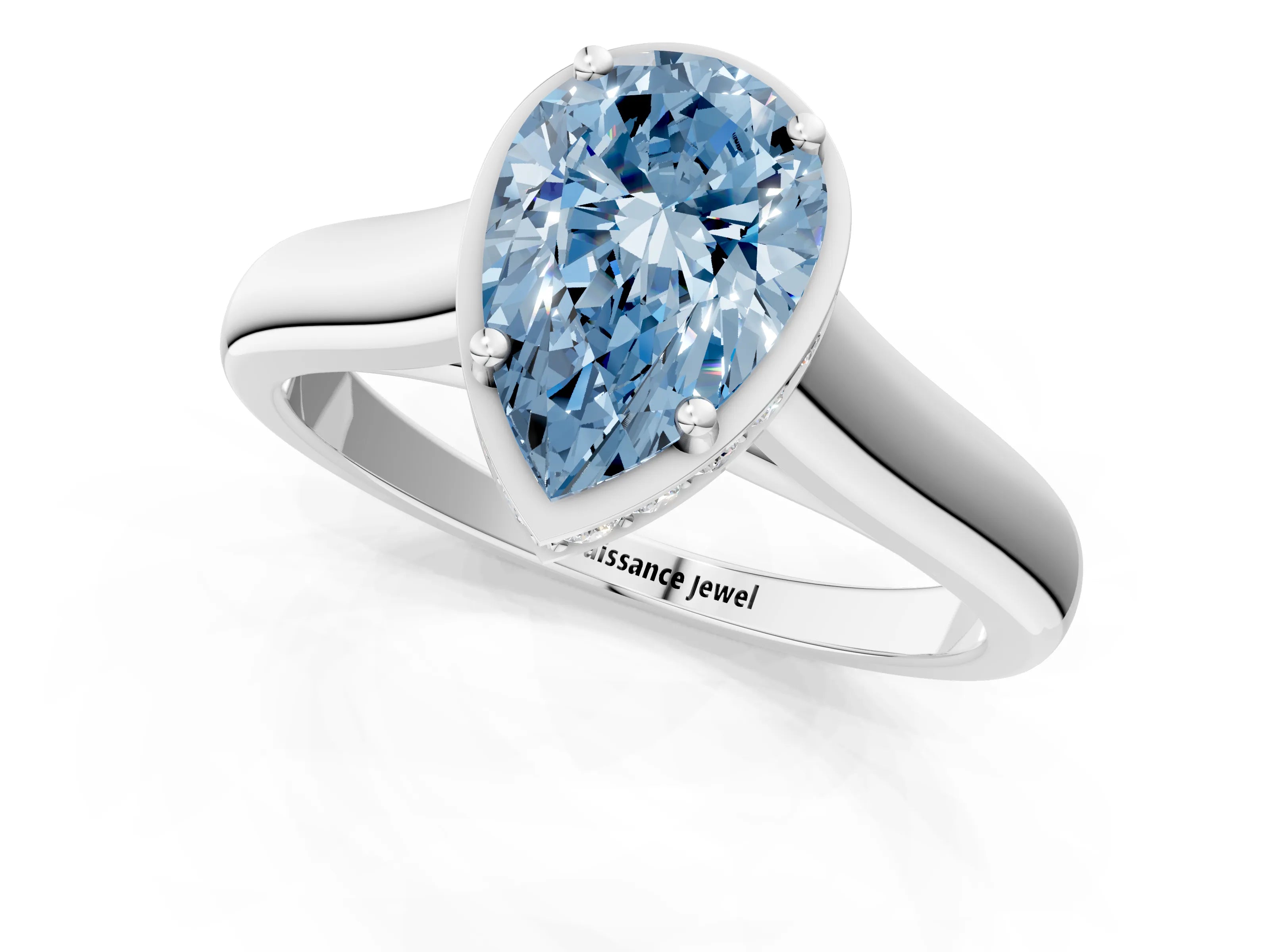 White gold Fancy Blue Pear Cut Solitaire Diamond Engagement Ring with Four-Prong Setting and Tapered Band_1