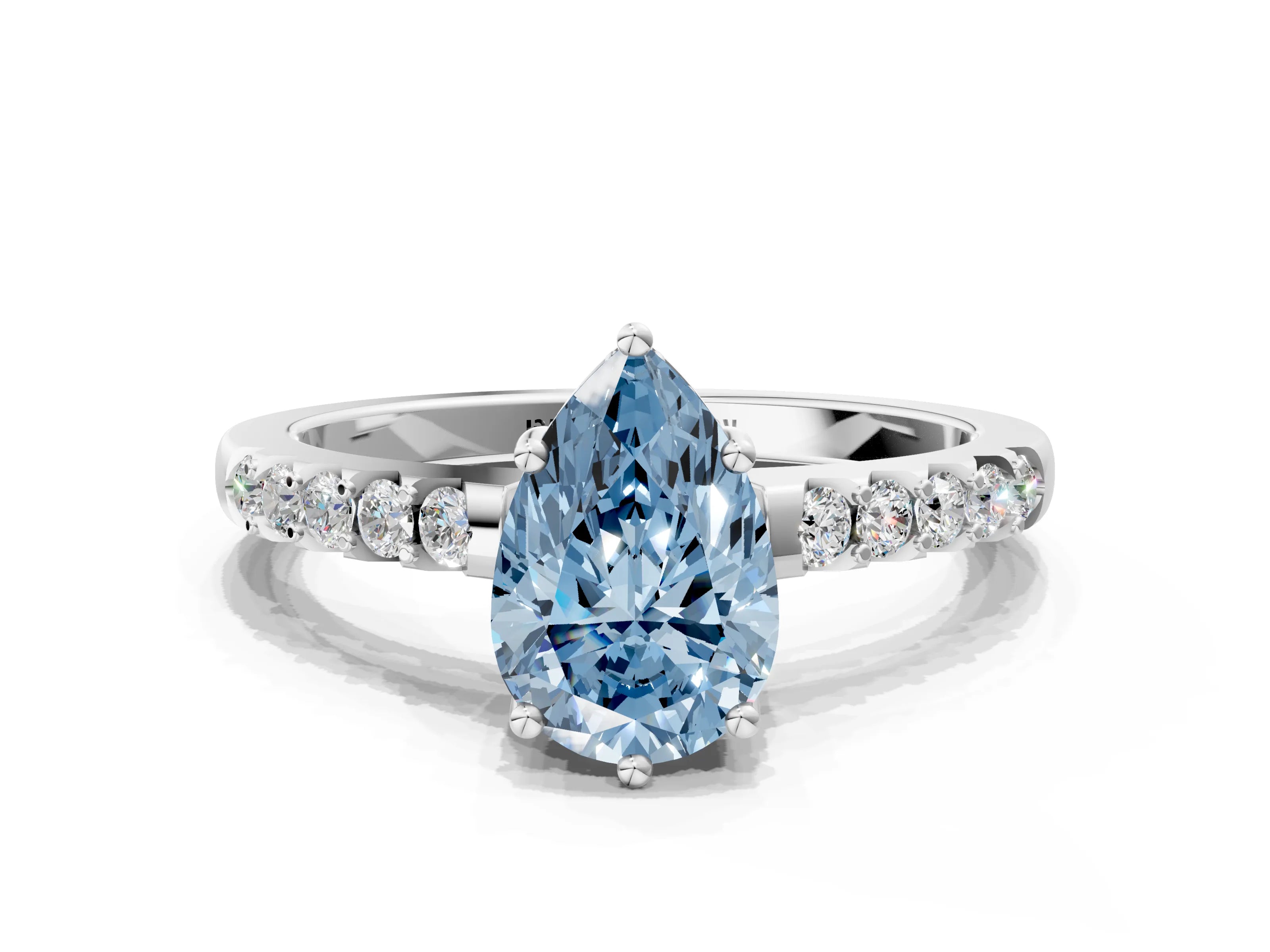 White gold Fancy Blue Pear Cut Solitaire Diamond Engagement Ring with Pavé Band and Six-Prong Setting_12