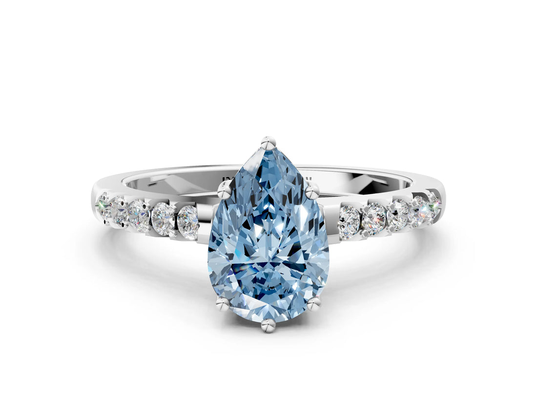 White gold Fancy Blue Pear Cut Solitaire Diamond Engagement Ring with Pavé Band and Six-Prong Setting_12