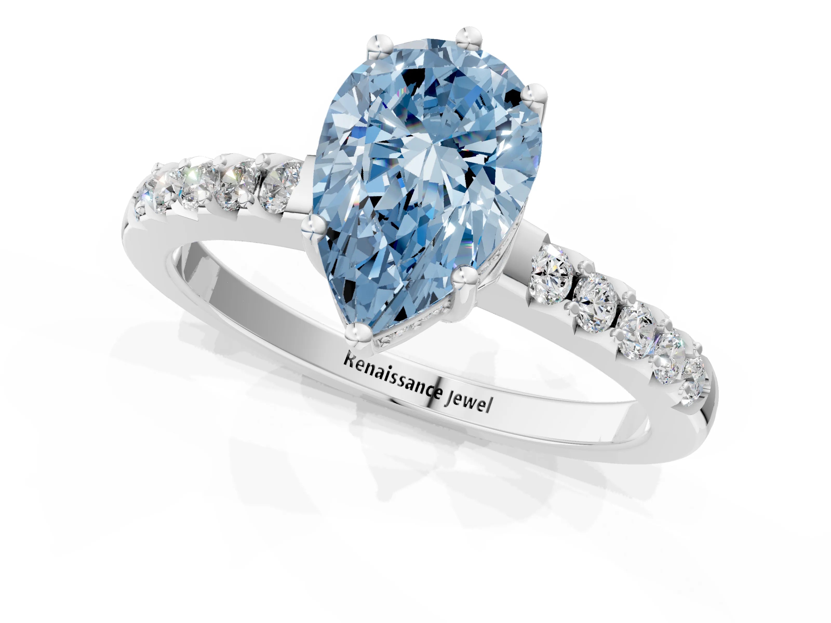 White gold Fancy Blue Pear Cut Solitaire Diamond Engagement Ring with Pavé Band and Six-Prong Setting_13