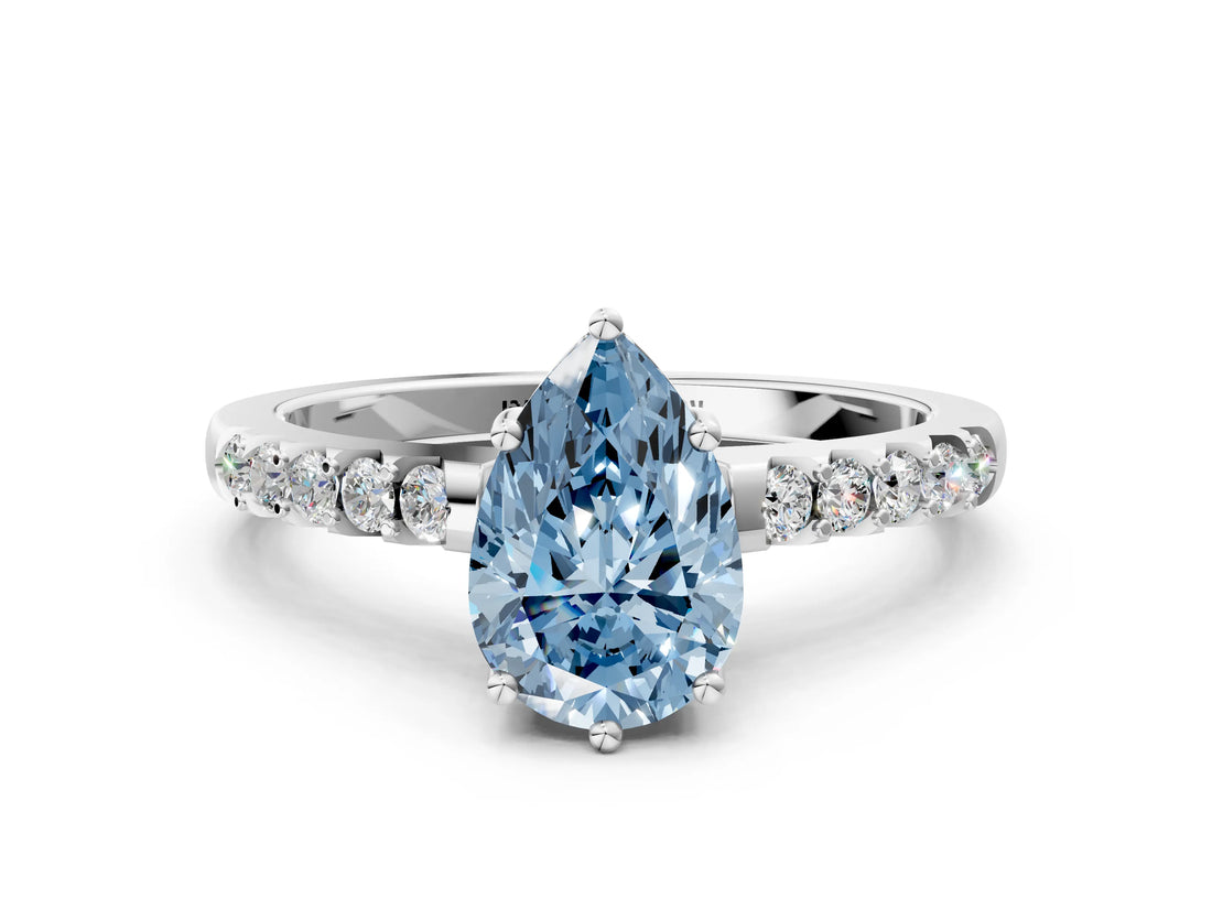 White gold Fancy Blue Pear Cut Solitaire Diamond Engagement Ring with Pavé Band and Six-Prong Setting_24