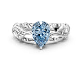 White gold Fancy Blue Pear Cut Solitaire Diamond Leaf-Inspired Vine Band Ring with Prong Setting_40