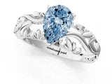 White gold Fancy Blue Pear Cut Solitaire Diamond Leaf-Inspired Vine Band Ring with Prong Setting_46