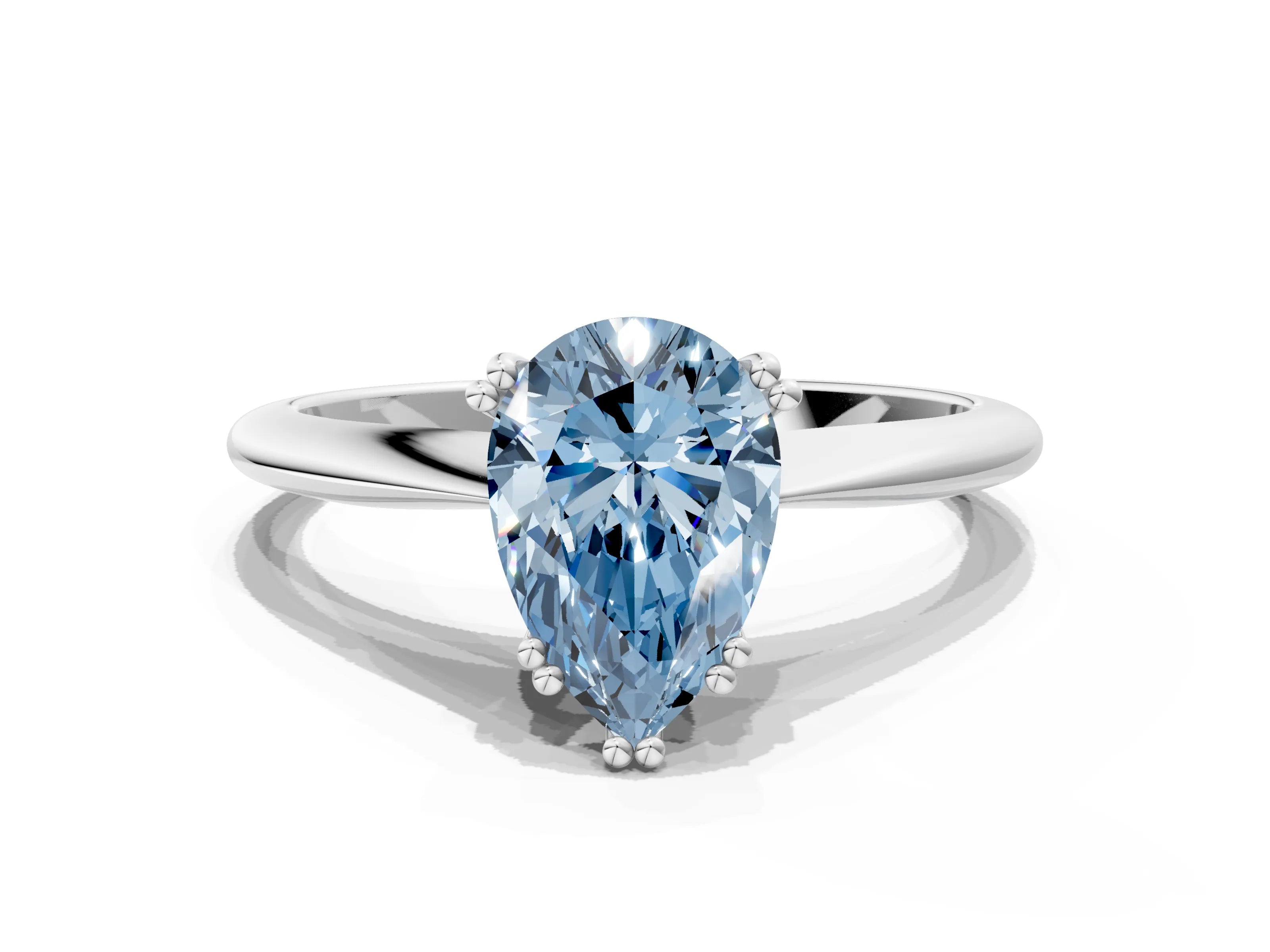 White gold Fancy Blue Pear Cut Solitaire Diamond Ring with Six-Prong Setting and Classic Band