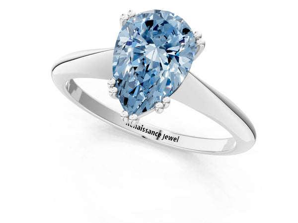 Platinum Fancy Blue Pear Cut Solitaire Diamond Ring with Six-Prong Setting and Classic Band