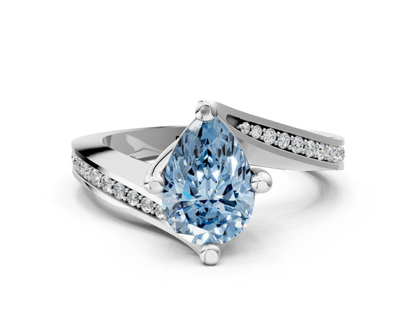 Platinum Fancy Blue Pear Cut Solitaire Diamond Twist Band with Pavé Setting and Four-Prong Setting