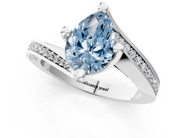 Platinum Fancy Blue Pear Cut Solitaire Diamond Twist Band with Pavé Setting and Four-Prong Setting