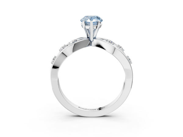 Platinum Fancy Blue Pear  Cut Solitaire Diamond with Side Stones on Criss-Cross Band and Four-Prong Setting