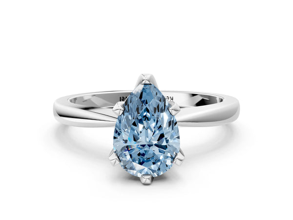 Platinum Fancy Blue Pear Cut Solitaire Engagement Ring with Six-Prong Setting and Tapered Band