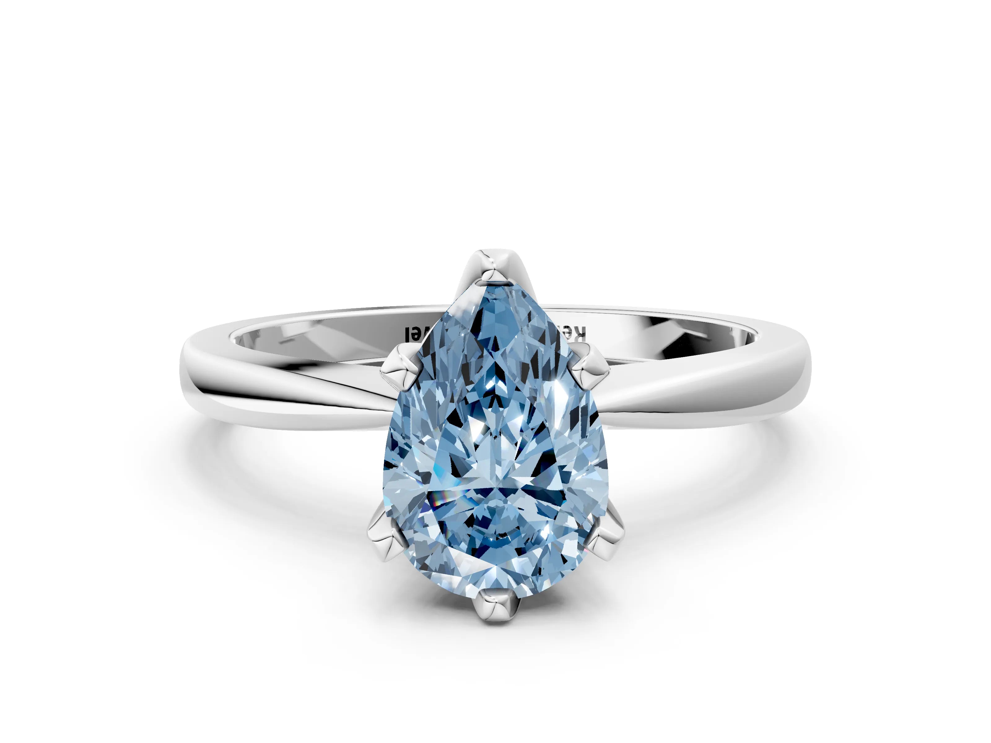 White gold Fancy Blue Pear Cut Solitaire Engagement Ring with Six-Prong Setting and Tapered Band