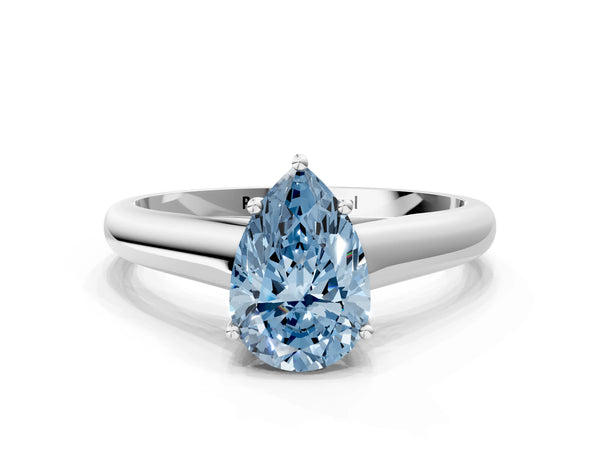 White gold Fancy Blue Pear Cut Solitaire Engagement Ring with Tapered Band and Four-Prong Setting