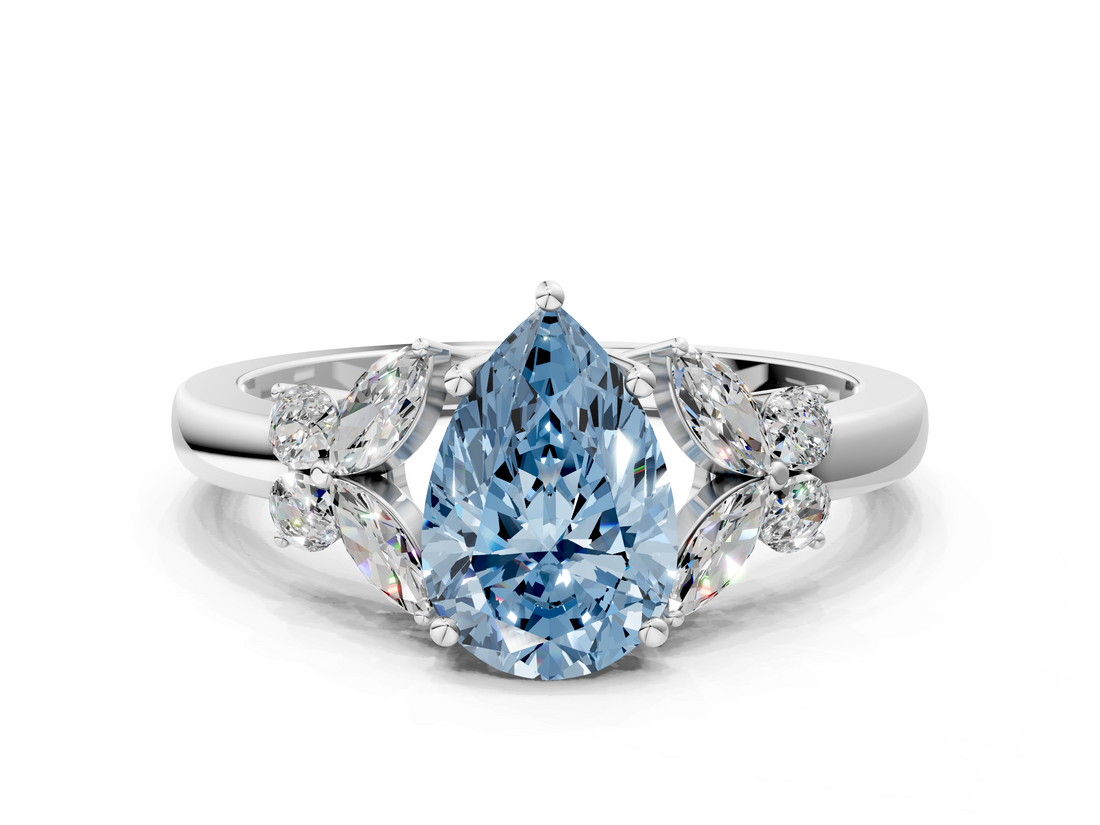 White gold Fancy Blue Pear  Cut Solitaire Floral Diamond Ring with Four-Prong Setting_37