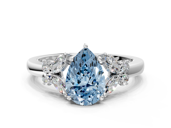 White gold Fancy Blue Pear  Cut Solitaire Floral Diamond Ring with Four-Prong Setting